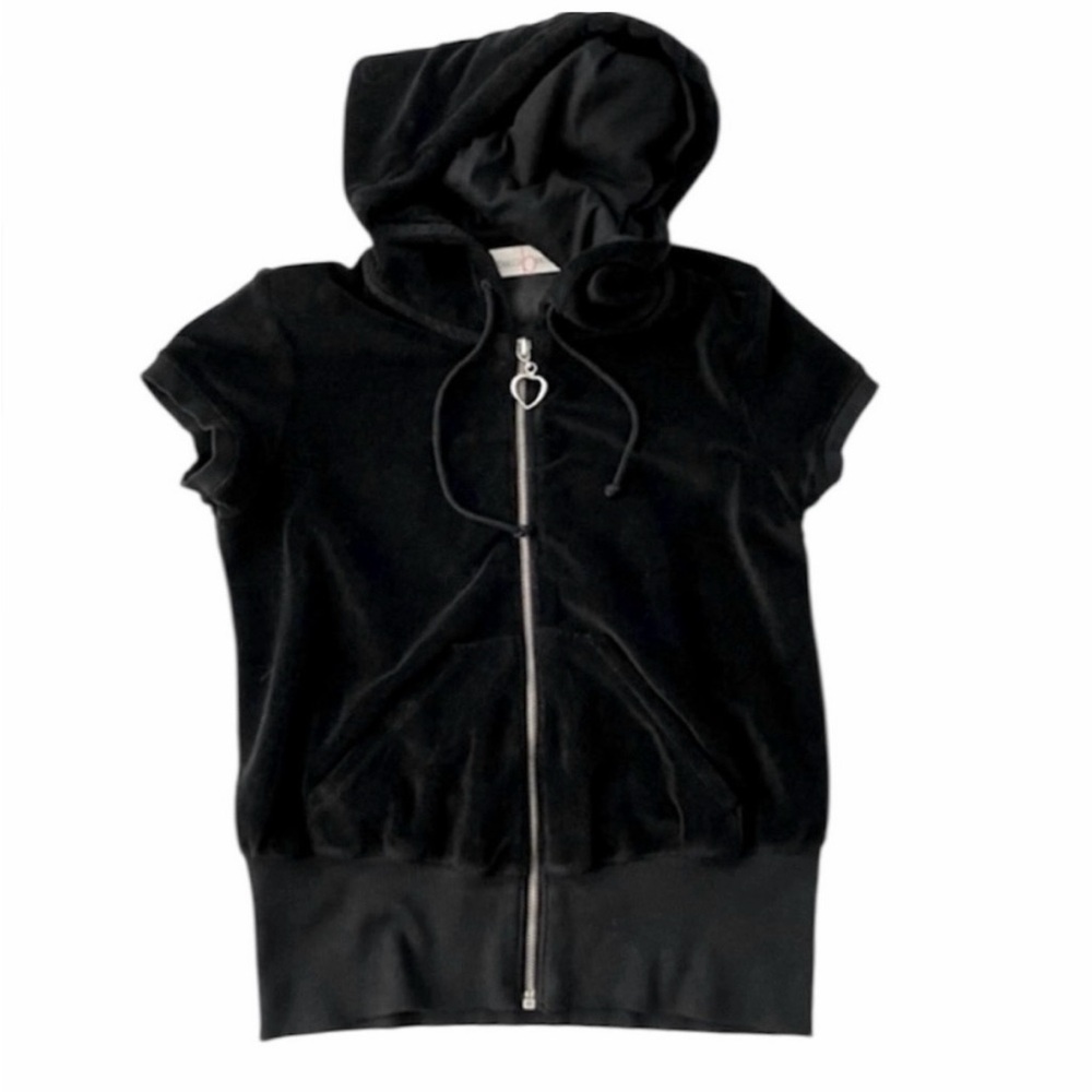 Vintage 90s Rebecca Beeson Black Velour
Short Sleeve Hooded Zip Jacket S/M